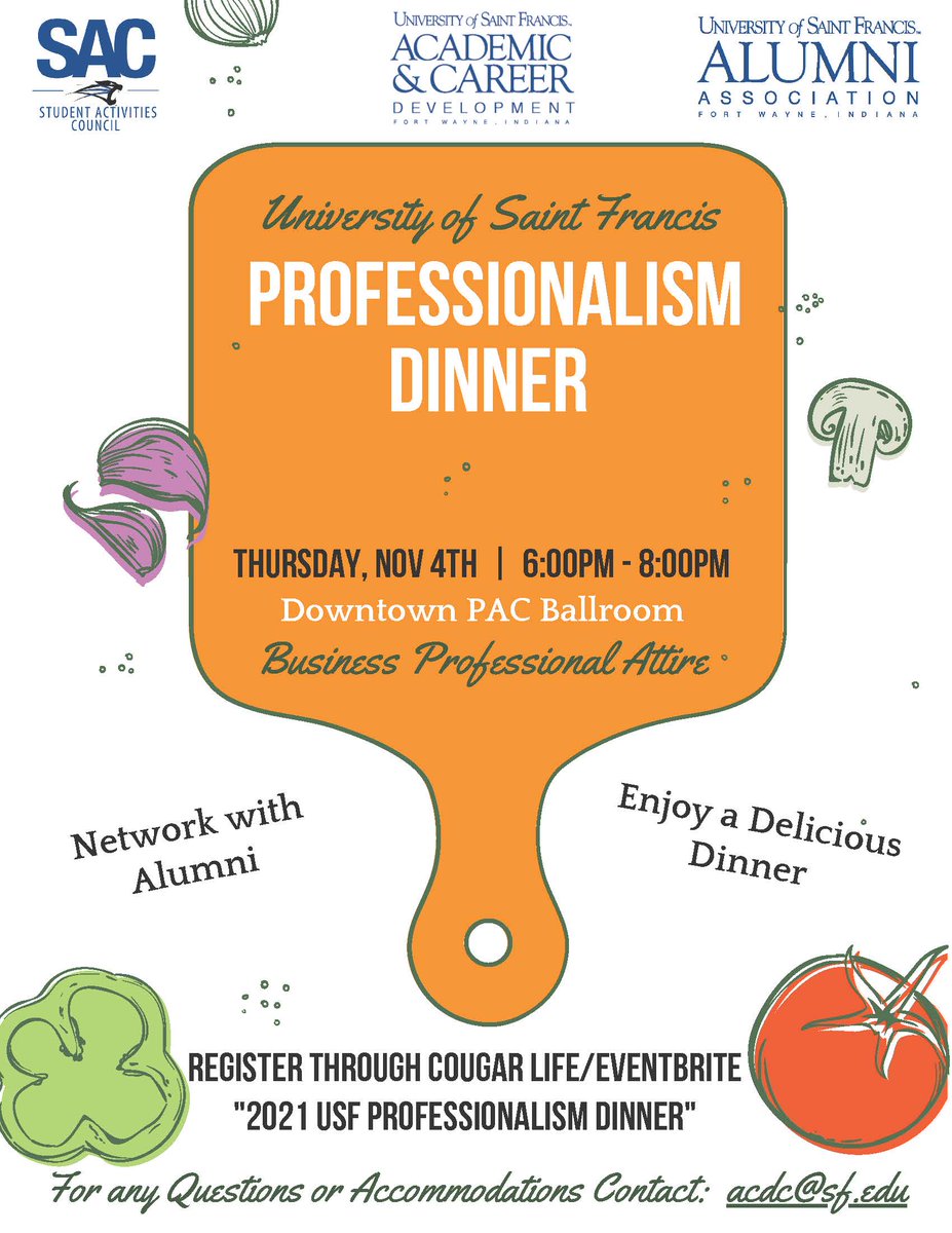 USF students, join us for a professional business dinner in a safe and fun setting. Enjoy hors d'oeuvres, a plated "fancy" dinner, and opportunities to network with alumni &amp; learn table etiquette and business dinner conversation. Register by 11/1 @ noon,   …fprofessionalismdinner.eventbrite.com