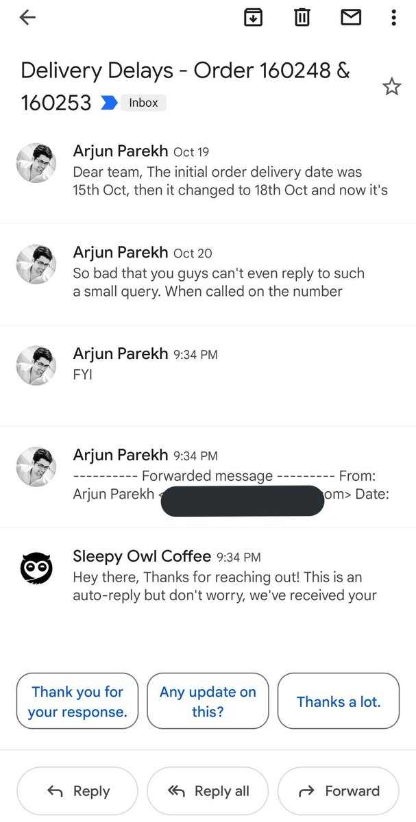 arjunparekh01's tweet photo. Please also check mailboxes. No reply there as well. I had ordered coffee worth 2.4k combining both the orders. Even to this day the delivery has not happened even though the shipment is in Rajkot since last 4 days. @help_delhivery also not responding to queries https://t.co/SZLxyFtGVE