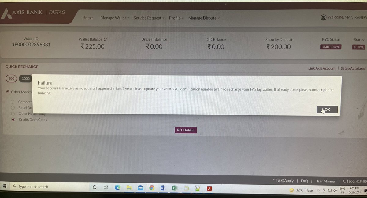 CaptMani's tweet photo. Notable to recharge my #AxisBank fastag,informed the call center,they asked toupdateOVD TYPE,youwill get in 15min, but no use and wrote an email to etc. just received a token No,still error continues,Iam travelling tomorrow,Can you help @AxisBankSupport @fastagofficial @AxisBank https://t.co/G7t5V0E1L1