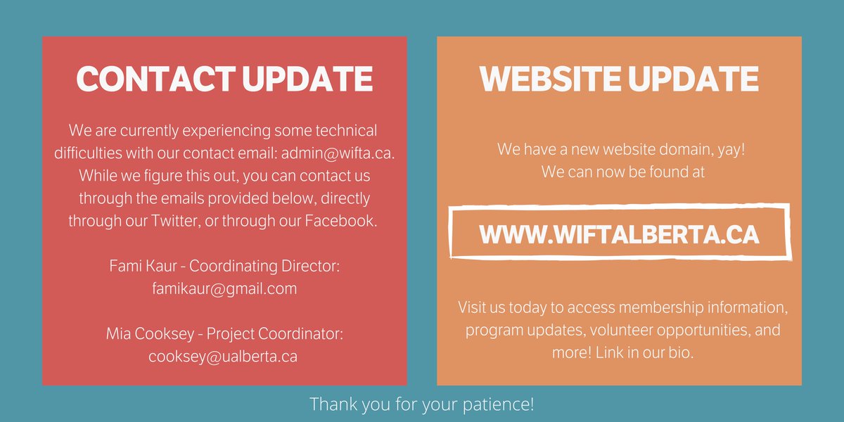 WIFTAlberta's tweet photo. Please note the following updates for WIFTA: https://t.co/4a38j2VIx5