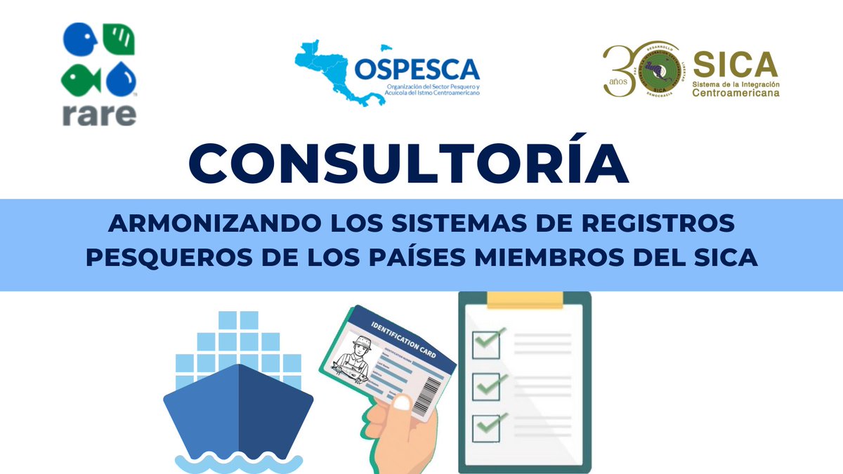 ¡Participa! OSPESCA y <a href="/Rare_org/">Rare</a> buscan un consultor que apoye a comprender los requisitos técnicos, legales y financieros de un sistema regional armonizado apropiado para el registro de pescadores.

Las personas interesadas pueden ingresar en este enlace: bit.ly/ConsultoríaOSP…