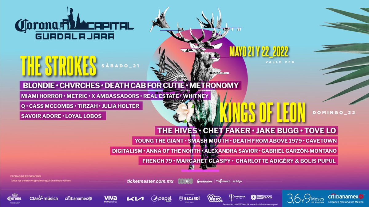 #CoronaCapitalGDL

21 y 22 de mayo 2022
Venta general: 25 de octubre a través de la Red <a href="/Ticketmaster_Me/">Ticketmaster México</a>.

Recuerda que todos los boletos para la edición 2020 podrán ser usados para esta edición.