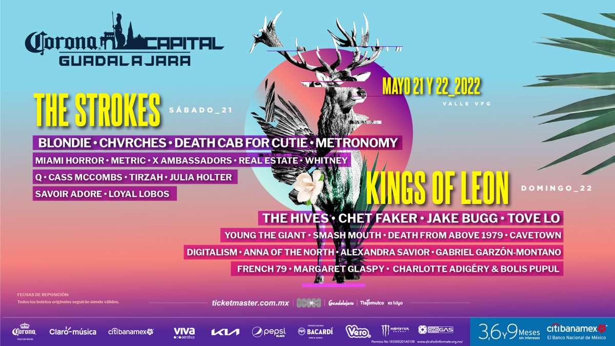 #CoronaCapitalGDL 21 y 22 de mayo 2022 Venta general: 25 de octubre a través de la Red @Ticketmaster_Me. Recuerda que todos los boletos para la edición 2020 podrán ser usados para esta edición.