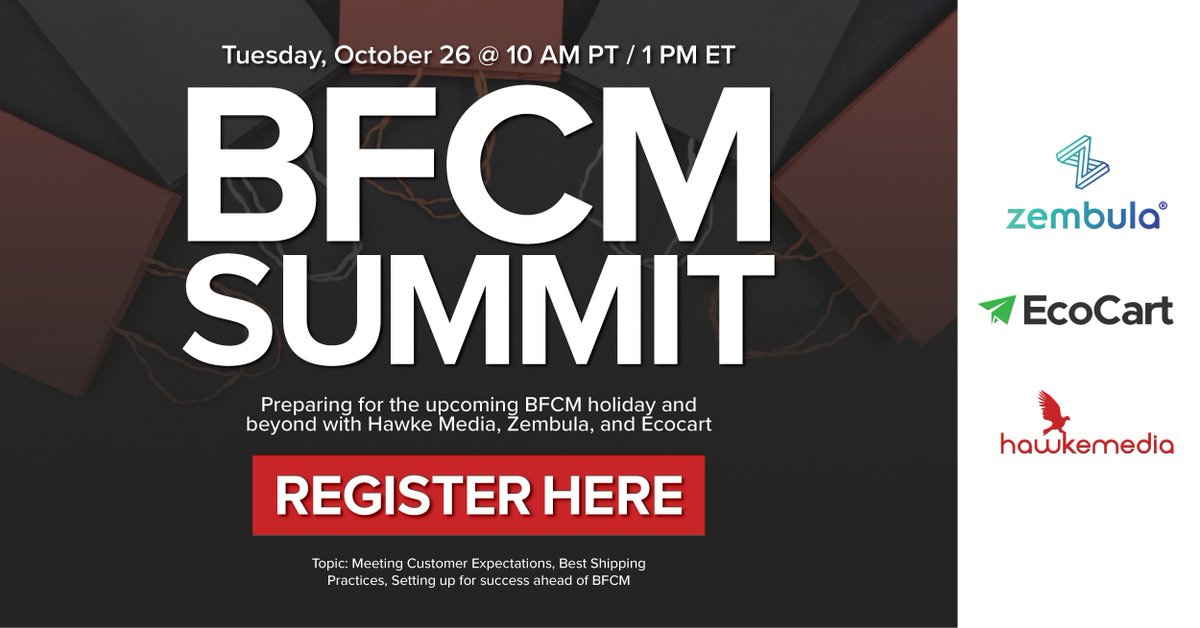 We're joining our friends at <a href="/hawkemedia/">Hawke Media</a> at the BFCM Virtual Summit next week!

Black Friday &amp; Cyber Monday are just around the corner, now is the perfect time to iron out those last minute details. Join us on Tuesday, October 26 at 10 AM PT/1 PM ET

buff.ly/3lZK95P