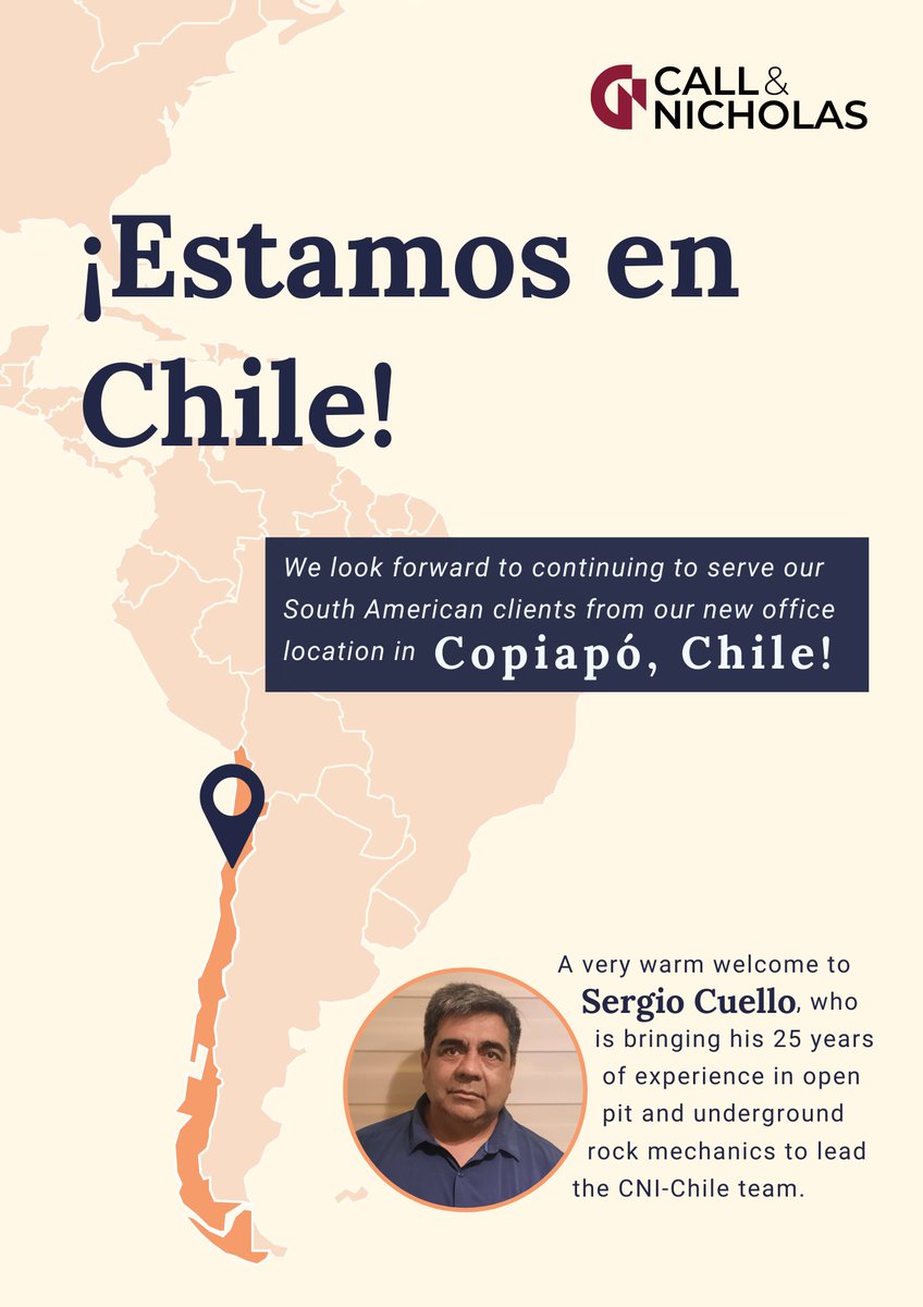 cnitucson's tweet photo. We are very excited to announce our new office in Copiapó, Chile!

CNI-Chile will be spearheaded by  Sergio Cuello, who has 25 years of experience in open pit and underground rock mechanics.¡Bienvenido al equipo, Sergio! https://t.co/fVq6p6ltvT