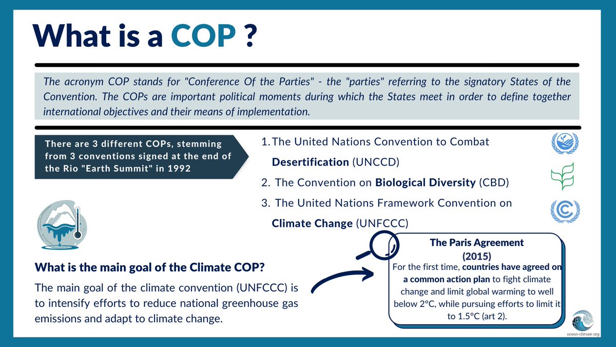 [#COP26] Only a few days left before the <a href="/COP26/">COP26</a> on #climate ! But what is a COP? What are the main issues for COP26? and for the #ocean? 🧐

👇<a href="/ocean_climate/">Ocean & Climate Platform</a> gives you some keys to better understand this major event [1/4]
 #OceanforClimate