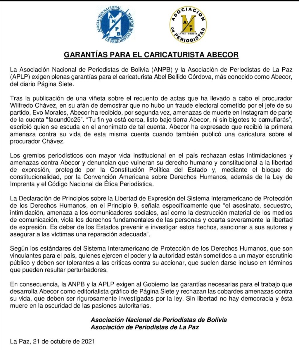 BrujulaNoticias's tweet image. La #ANPB y la #APLP exigen al Gobierno las garantías para el trabajo que desarrolla @abecor_BOLIVIA, quien en los últimos días recibió amenazas de muerte por una caricatura que muestra al Procurador General del Estado, @wichaser, como un mago en un circo azul.