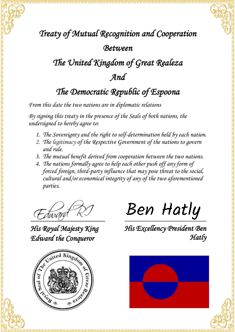 HRMMoFA's tweet photo. The Treaty of Mutual Recognition and Cooperation was today signed between @RealezaGov and @EspoonaGov.                                                                                     #Micronations https://t.co/xalb9c0mkF