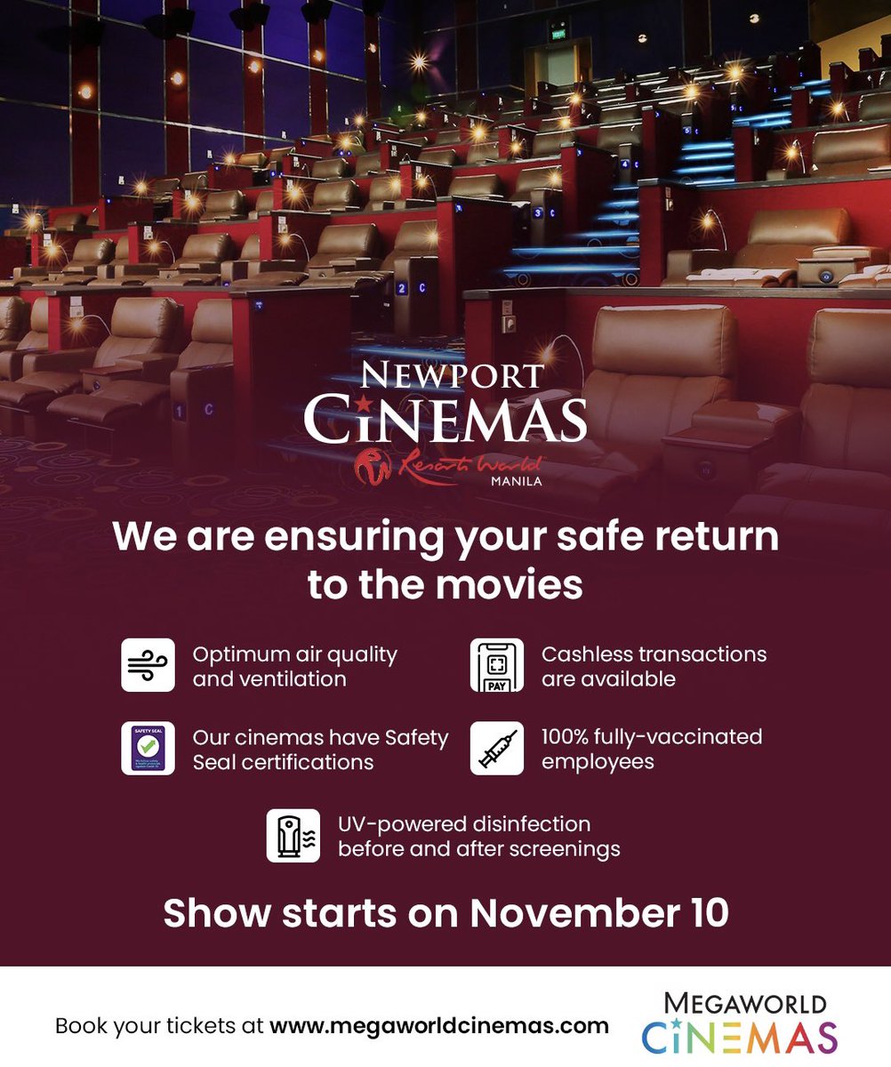 We are excited to welcome you back to #NewportCinemas See you on November 10! 🎥🎬🍿#Cinema #Movies <a href="/MegaworldMalls/">Megaworld Lifestyle Malls</a> @rwmanila