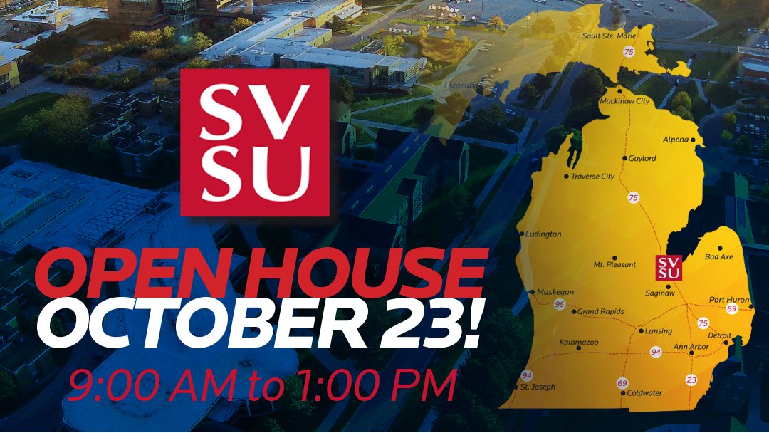 Undergraduate Admissions Open House is this Saturday, Oct. 23. Guests will see and experience our facilities, learn about our academic programs, and meet the students, faculty, and staff who make SVSU a unique place. Still time to reserve your spot at bit.ly/3iiGwWo.