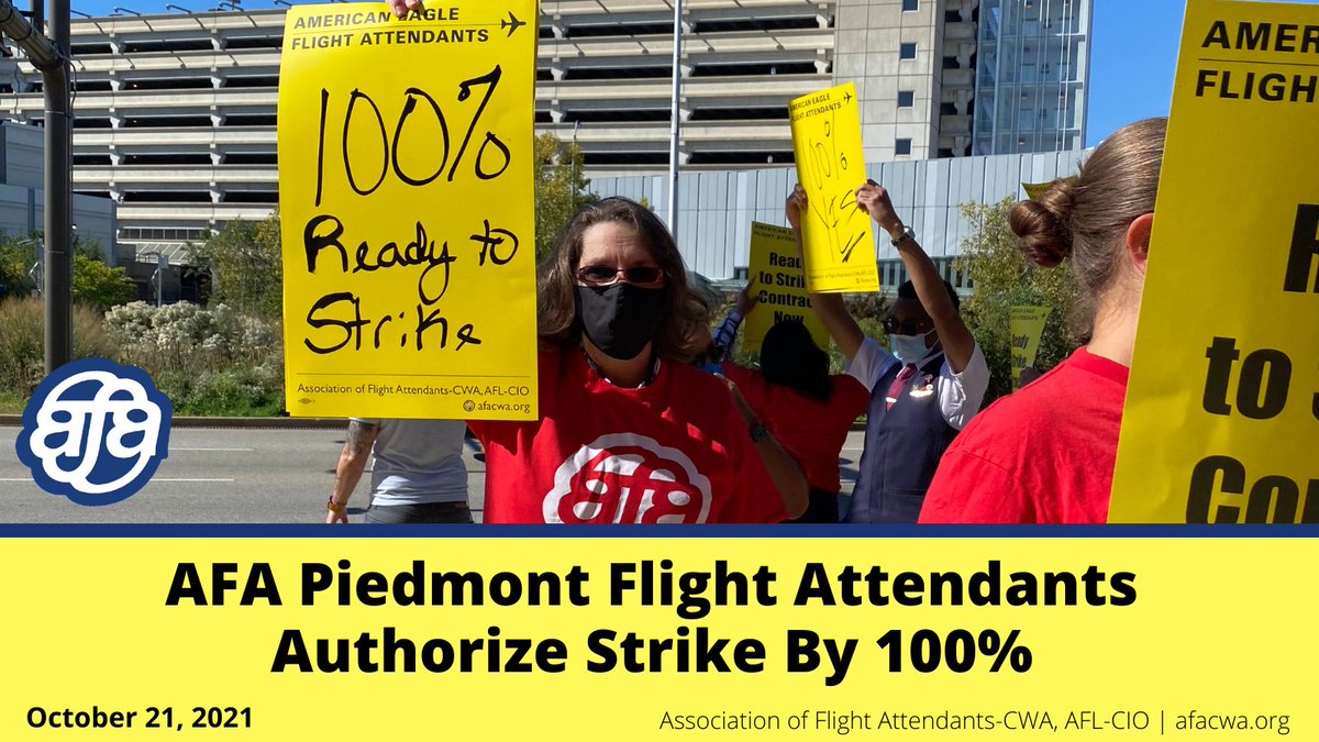 #Striketober continues! After protracted negotiations, today, @afa_cwa Piedmont Flight Attendants voted 100% to authorize a strike. afacwa.org/flight_attenda… #1u
