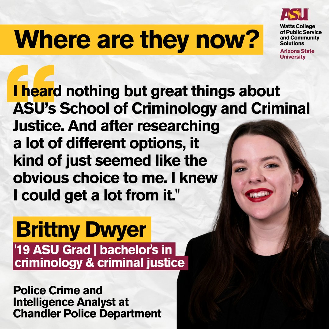 asupublicsvc's tweet photo. #OutstandingGrad Brittny Dwyer graduated from @ASU with a bachelor's in criminology & criminal justice in 2019. As an undergrad, Brittny interned with @ChandlerPolice and now she's employed there as a Crime and Intelligence Analyst. https://t.co/kQmxDwMT6X