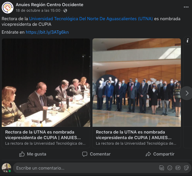 UTNAgs's tweet photo. ➡ Agradecemos a la @ANUIES_RCO por su apoyo a nuestra institución con la difusión de nuestros boletines. 
✅ Te invitamos a que revises el boletín "Rectora de la UTNA es nombrada vicepresidenta de CUPIA" en el siguiente link 👇
https://t.co/REoCJA0e4m
#OrgulloUTNA https://t.co/28vMoK6GXO