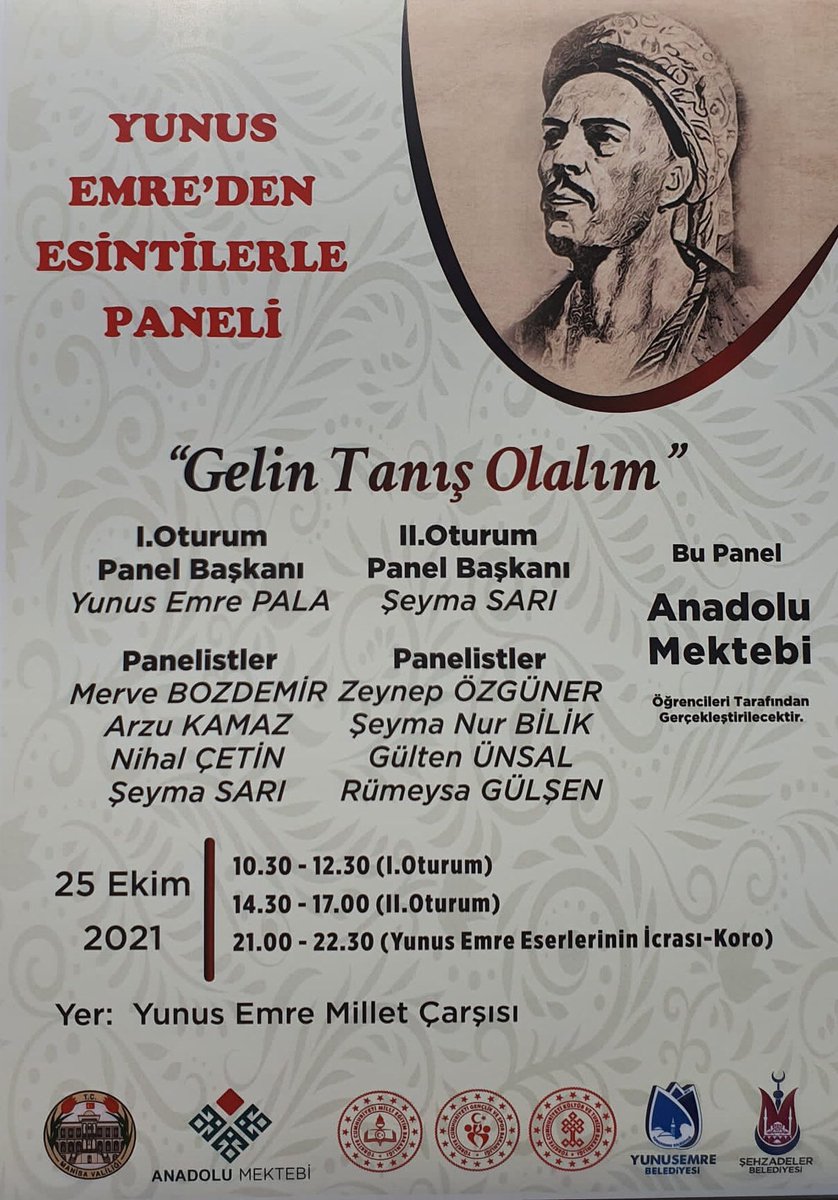 AnadoluManisa's tweet photo. Anadolu Mektebi Yazar Okumaları kapsamında Manisa, Ankara, İstanbul, Bayburt, Isparta, Bursa illerinden Panelist öğrencilerimiz Yunus Emre’yi anlatacaklar… Etkinliğimize davetlisiniz…. https://t.co/9cJQl5jV87