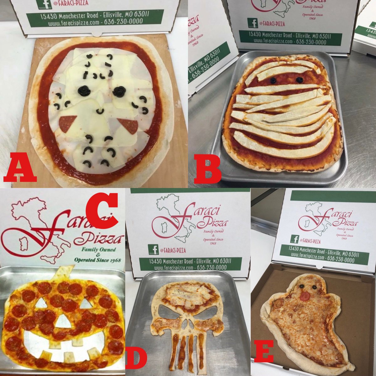 faracispizza's tweet photo. Pick your Favorite Faraci’s Halloween Pizza 👻 A-B-C-D-E https://t.co/IkR01VyAHC