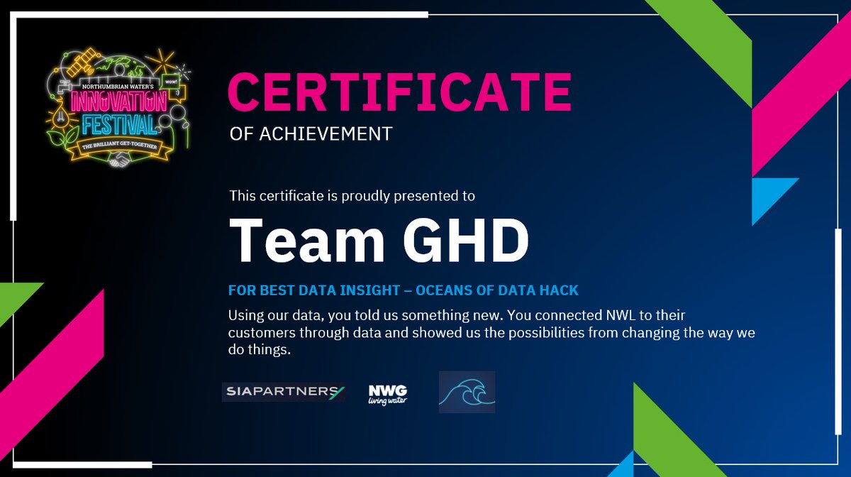 Congrats to Team GHD <a href="/movementstrat/">Movement Strategies (a GHD Company)</a>, triumphing with Best Insights award at #innovationfestival21 Oceans of Data hack! Focusing on desludging pumps &amp; using analytics inc. decision trees &amp; multi-layered perceptron, real expert insight to probe further! <a href="/NorthumbrianH2O/">Northumbrian Water</a> <a href="/MikeHull9/">Michael Hull</a>
