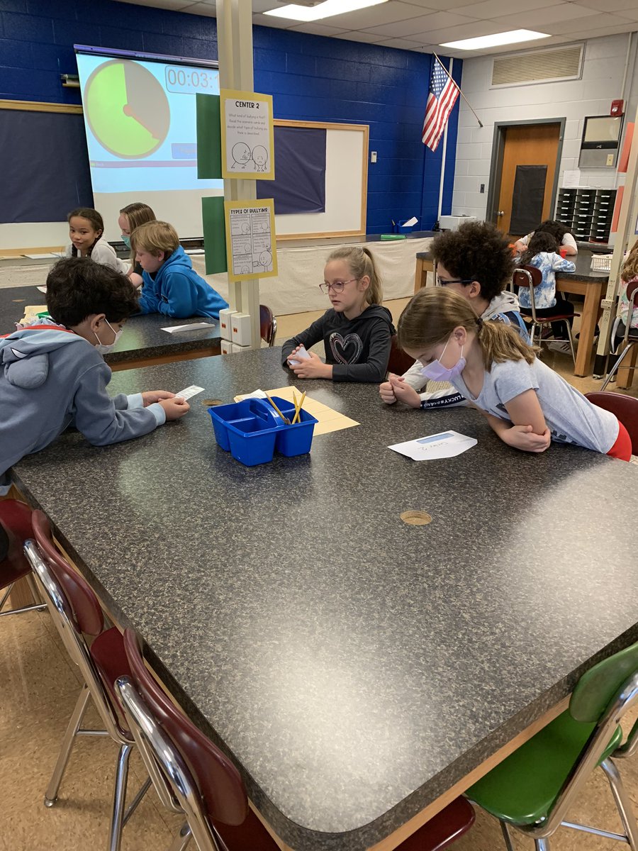 It’s Bullying Prevention Month! These 3rd graders are participating in centers where they are distinguishing between bullying and conflict scenarios, learning different types of bullying, writing examples of cyber bullying, and discussing what it means to be an active bystander!