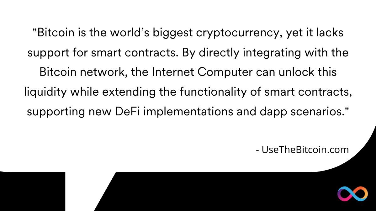 dfinity's tweet photo. "Because canisters can hold Bitcoin addresses, the transactions can be made without the need to trust a third party."

Read "No Bridge: What Bitcoin Smart Contracts Will Mean for DeFi:" https://t.co/GYWKWAtB3V
#ICP #BTC https://t.co/PME5gADD4J