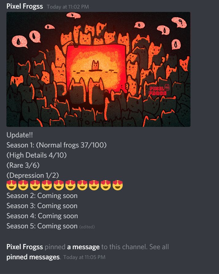 I made a discord for our community!! 
Pixel frogs members can join and share ideas.
❤️❤️❤️❤️❤️❤️❤️❤️❤️❤️❤️

Join👉:discord.gg/Qn9fbnRa2T 

#NFTJapan #NFTcollections #NFTTHAILAND #NFTCommunity