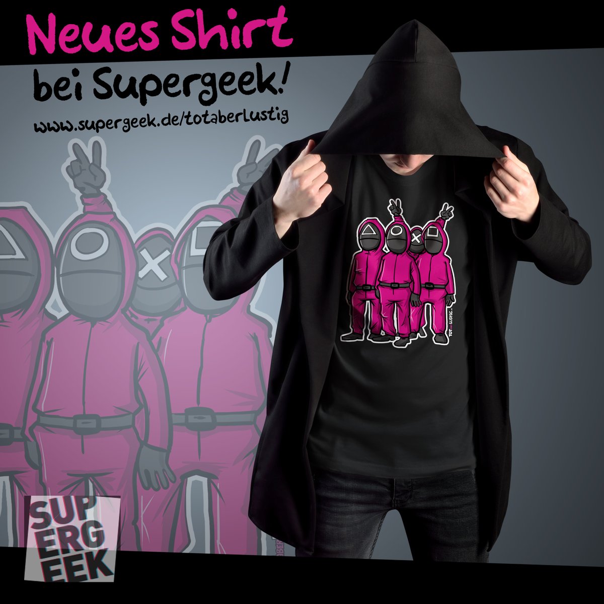 Der Cartoon von gestern Abend zu einer gehypten Netflixserie ist auf einem schwarzen Shirt zu sehen, das von einem männlichen Modell mit Kapuzenpulli getragen wird. Außerdem ist wie im Posting zu lesen, wo es das Shirt gibt. 