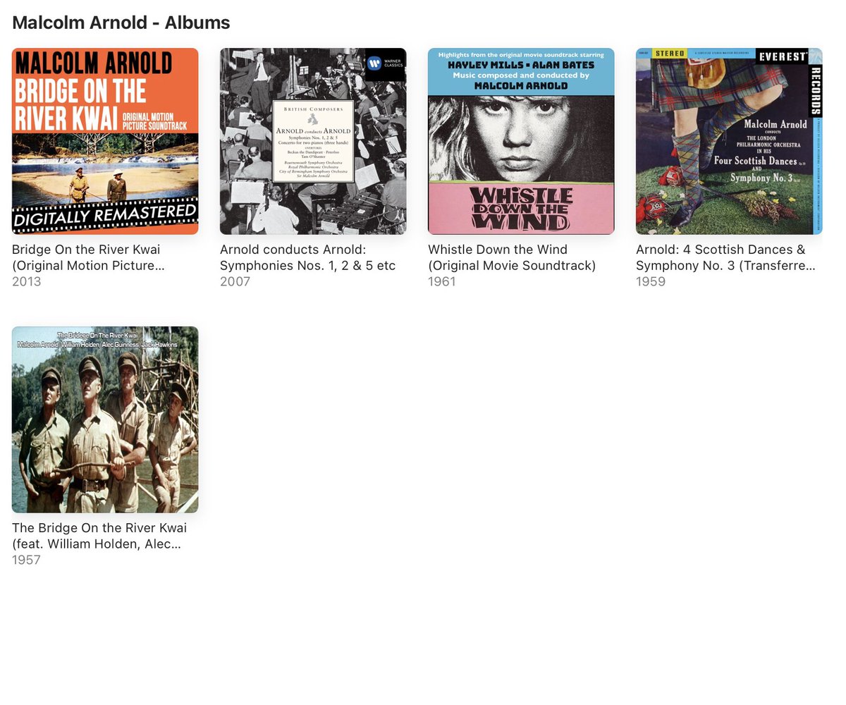 GeneDeLisaDev's tweet photo. Today is Malcolm Arnold’s 100th birthday. So, let's go to the always reliable #AppleMusic to listen. I search for "Malcolm Arnold". Yay! They have him. Let's see *all* of the albums. Five - two of which are the River Kwai.
Not surprised.

But, wait!

#MalcolmArnold https://t.co/MLVo2ffIM2