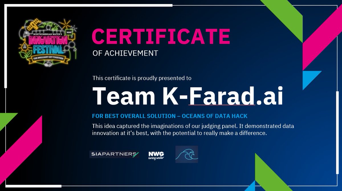 Congratulations to Team K-Farad.ai <a href="/AiFarad/">Farad.ai</a>, winners of Best Overall Solution at our  #innovationfestival21 Oceans of Data hack! Our expert judges were hugely impressed by the use of deep neural networks to predict asset issues and costs!  <a href="/NorthumbrianH2O/">Northumbrian Water</a> <a href="/MikeHull9/">Michael Hull</a>