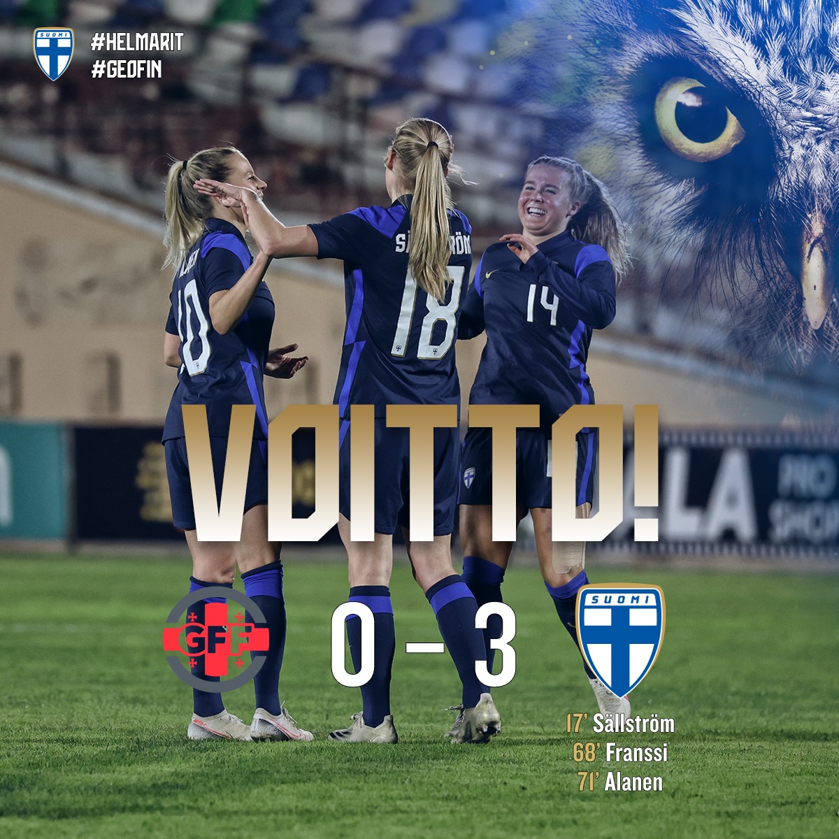 HelmaritFI's tweet photo. Georgia kaatuu selvin lukemin, Suomi jatkaa voittojen tiellä! Tiistaina vastaan asettuu Irlanti - nähdään Olympistadionilla! 🦉 #Helmarit #GEOFIN https://t.co/sNRuGG1yA2