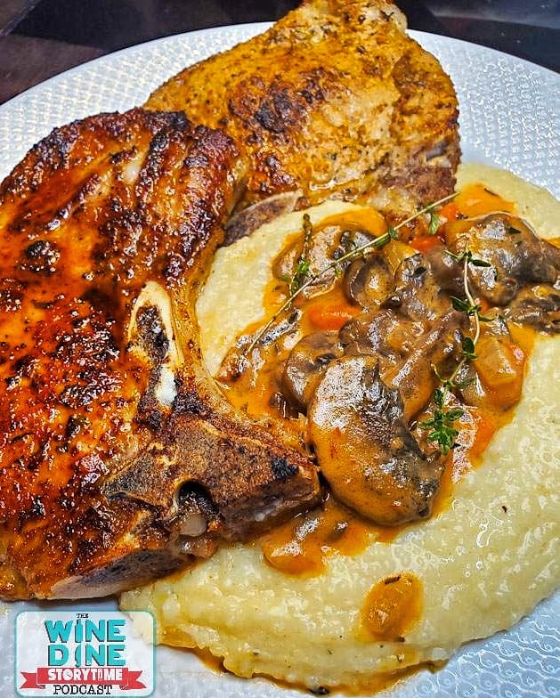 crimedinerpod's tweet image. EP: Witches Be Cray!
linktr.ee/wdst
DINNER: Cindy made us Cajun seasoned pork chops and cheesy grits topped with mushrooms in a creamy tomato sauce. 
DESSERT: We had apple pull apart bread with caramel drizzle

PROMO:
@PodcastFigure