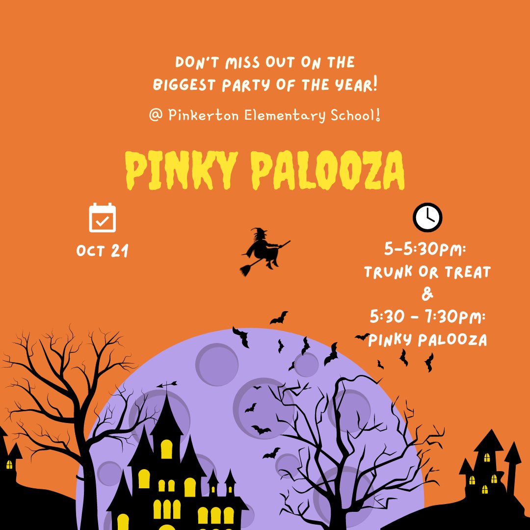 pinkPTO's tweet photo. See you all this evening for the biggest party of the year! Trunk-or-treat from 5-5:30 PM and Pinky Palooza from 5:30 - 7:30 PM! See you then! https://t.co/1VzhEtJhgI