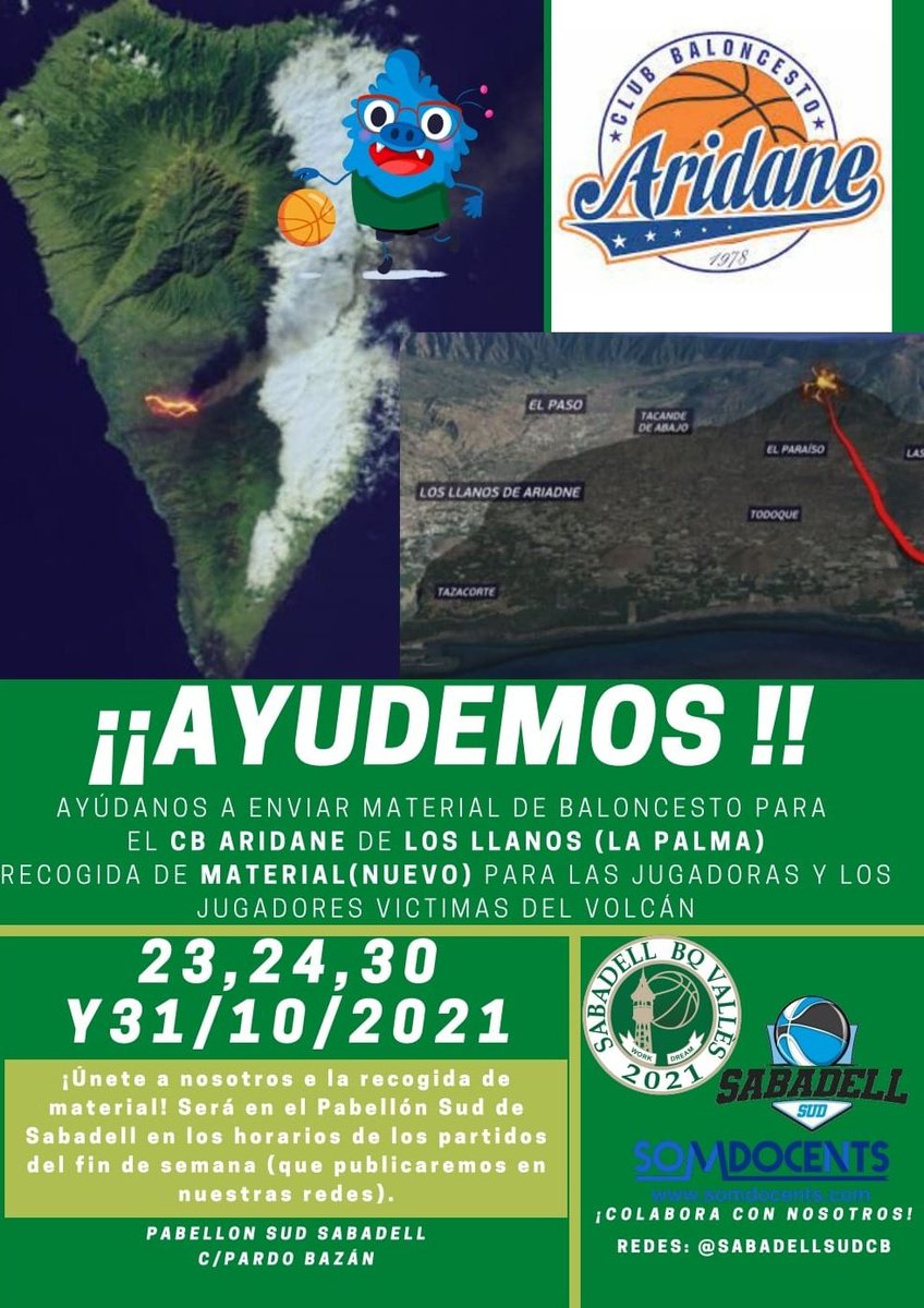 SbdSudBasquet's tweet photo. ¡Ayudemos a #LaPalma !

Los próximos partidos de nuestros equipos tendrán un alto contenido solidario y es que ayudaremos con material deportivo a los jugadores y jugadoras del @cbaridane , afectados por el desastre del volcán

¡Contribuye con tu ayuda! 
@SomDocents https://t.co/FOWwr5w9dV