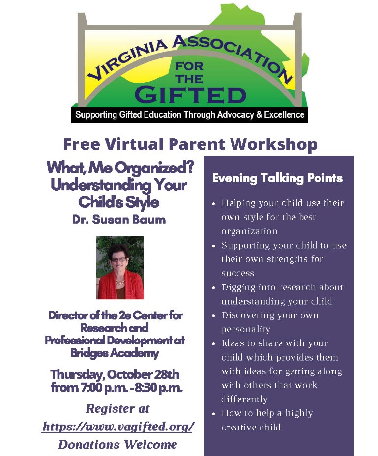 ATSS_APS's tweet photo. The Virginia Association for the Gifted is offering a free workshop to parents of twice exceptional learners featuring Dr. Susan Baum, Director of the 2e Center for Research and Professional Development at Bridges Academy. https://t.co/2BVRB8ZiG8