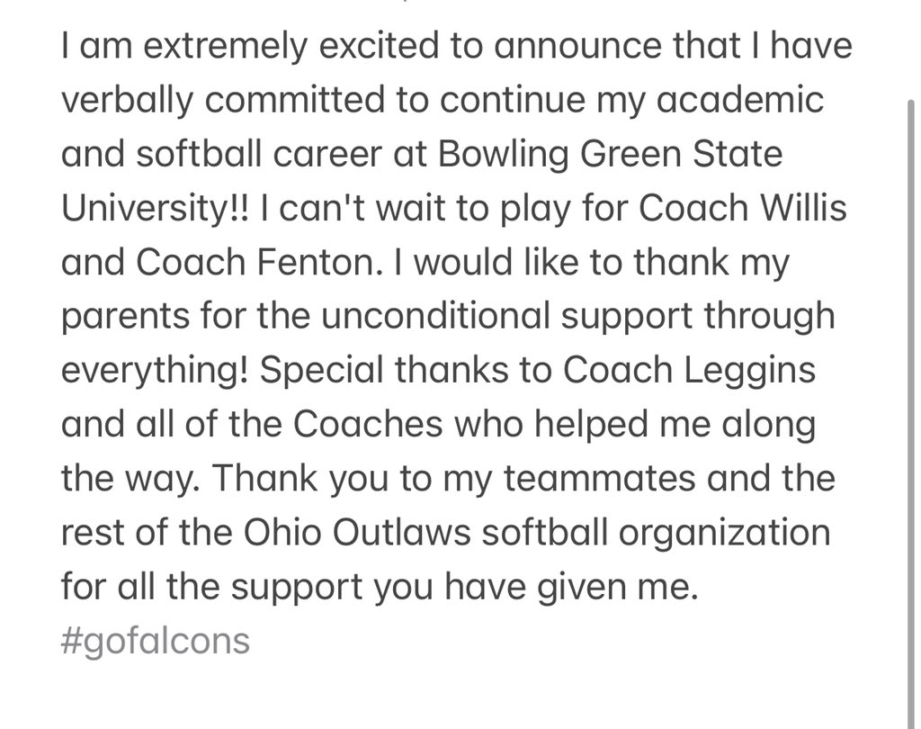 So excited to announce my verbal commitment to BGSU!! thank you to my coaches, teammates and most importantly my family who have supported me in everything!! #gofalcons