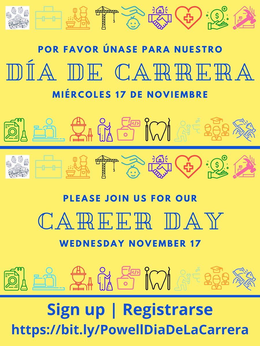 Powellelem's tweet photo. @PowellPadres Please join #PowellES for our Virtual Career Day! Por Favor únase #PowellES para nuestro Virtual Día de Carrera https://t.co/tHRL1hYPwg