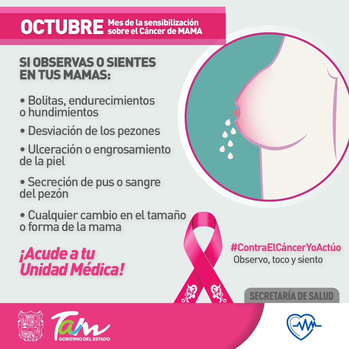 TamaulipasSalud's tweet photo. Autoexplórate contra el #CáncerDeMama, observa, toca y siente, y si presentas cambios en tus mamas, busca atención médica. 
El cáncer es curable si se detecta a tiempo.

#ContraElCáncerYoActúo #PorAmorALaVida #Tócate #PrevenciónCáncerDeMama #CuídateTú #CuidaALosTuyos https://t.co/ZCU00HY01D