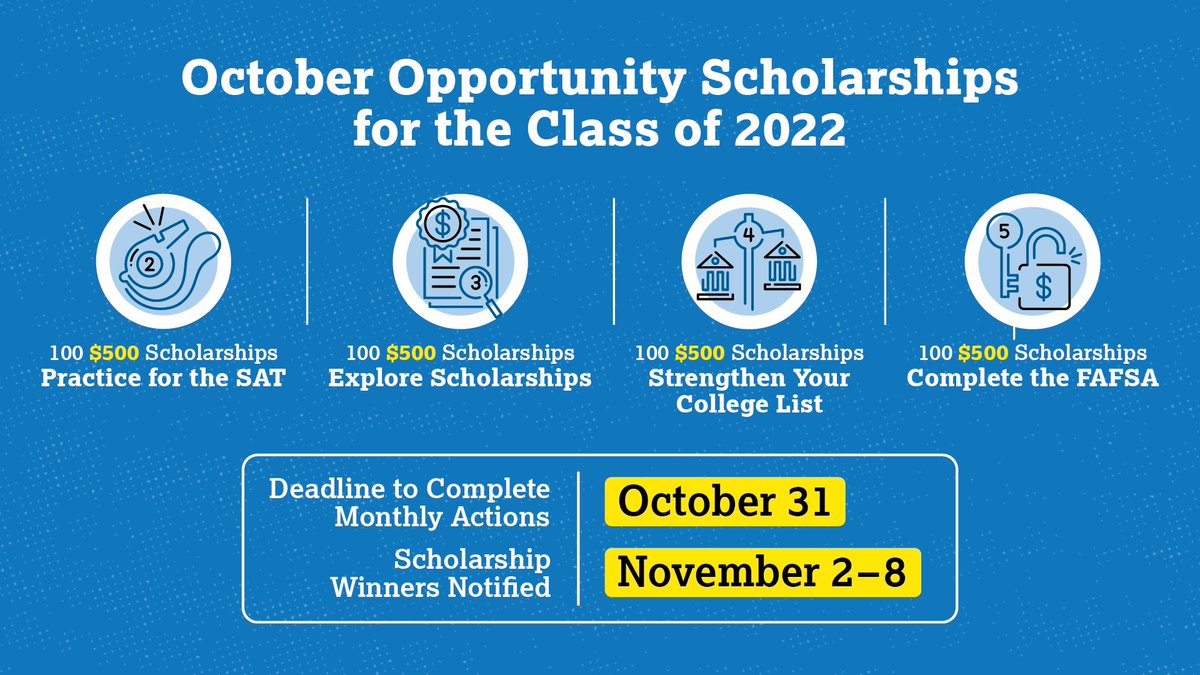 OfficialSAT's tweet photo. Class of 2022: You have until October 31 to qualify for this month's #OpportunityScholarships! October is the last month seniors have the chance to earn the Practice and Strengthen scholarships.

https://t.co/9F7yjrbDcQ https://t.co/2b5AH7xUwN