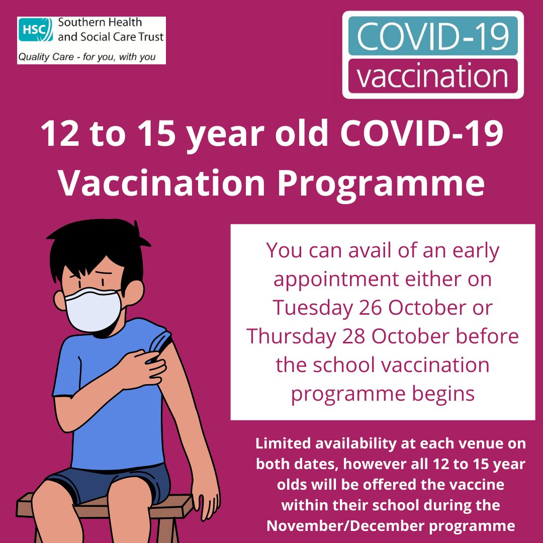 SouthernHSCT's tweet photo. We are offering two early vaccination clinics for 12-15 year olds to get their COVID jab during half-term
If you wish to avail of this, click the link below to book a time slot either for 26 Oct (Armagh area) or 28 Oct (Newry area).
https://t.co/yWQ8lbrvgH https://t.co/Mx4kzknJcu