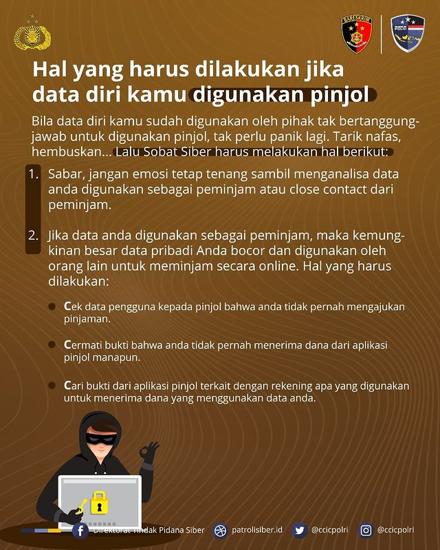 DivHumas_Polri's tweet photo. Data diri kamu tiba-tiba digunakan pinjol ilegal, harus bagaimana?🤔

Jika hal tersebut dialami oleh Sobat Polri, kamu harus melewatinya dengan tenang. Silakan ikuti panduan seperti di gambar.

@CCICPolri https://t.co/a438BmTwQW