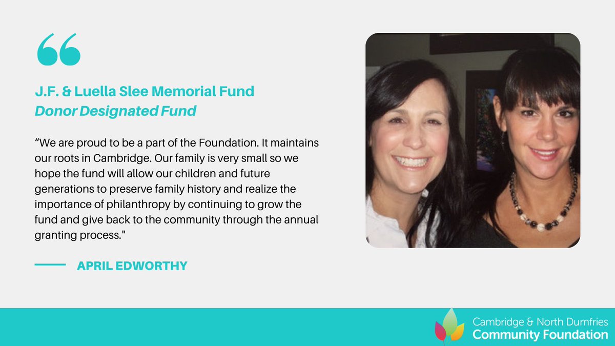 By giving back to CNDCF, you give back to your community. Thanks to the J.F. &amp; Luella Slee Memorial Fund, one of our donor designated fundholders, their family is able to continue to support and give back to the Cambridge community. #giveyourway #aforeverresource