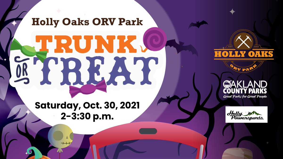 OCParksAndRec's tweet photo. Get in the Halloween spirit on Oct. 30 from 2-3:30 p.m. for Holly Oaks ORV Park's first-ever Trunk or Treat event! 😀🎃 It is presented by Holly Powersports and is free for trick-or-treaters. In addition, ORV participants will decorate their vehicles and compete for prizes. https://t.co/n3WDAH2TpB