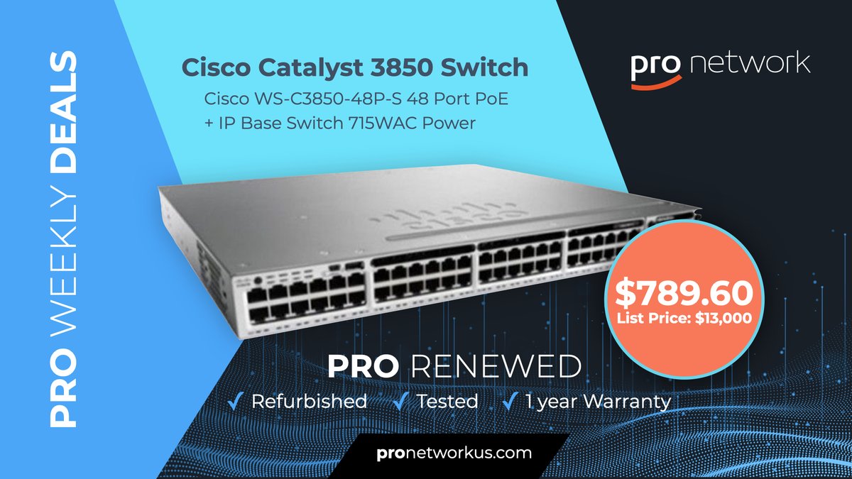 Pronetworkus1's tweet photo. Find out how a Pro Renewed Cisco Catalyst 3850 Switch can empower your business!

Learn more: https://t.co/sW5uGIzBYA https://t.co/JqgbqEWpyo