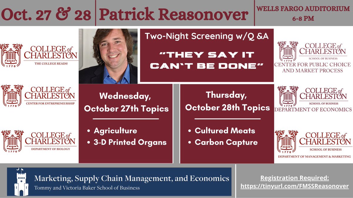 There are some things you don't want to miss and our Free Market Speaker Series with PATRICK REASONOVER is one of them! Registration required: tinyurl.com/FMSSReasonover. #nextweek #sponsorlove #register