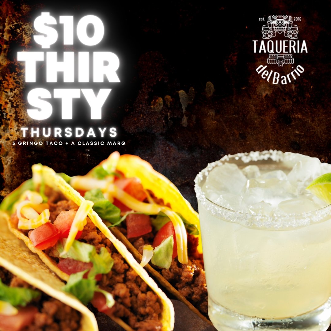 DelBarrioDC's tweet photo. It's 'Thirsty Thursday's' at TDB! Quench that thirst with a delicious Margarita and 3 Gringo Tacos for just $10! You can barely get a drink by itself in the good ole District of Columbia for $10. Come get this deal tonight at Del Barrio. https://t.co/TR51ulAj9N
