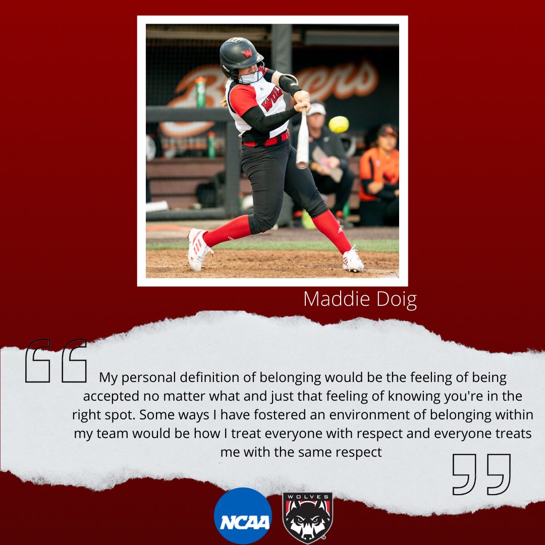 WOU_Wolves's tweet photo. Embracing diversity, equity and inclusion means we must create a space of belonging. Here is what belonging means to softball player Maddie Doig! 
#NCAAInclusion https://t.co/DyhQM88GCR