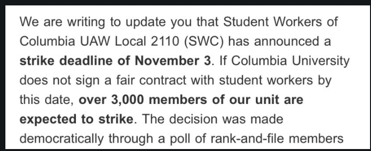 #Striketober might become #Strikevember as 3,000 grad students at Columbia University threaten to strike if no contract reached by November 3.

Plus, 24,000 nurses for Kaiser Permanente have authorized a strike if contract negotiations falter