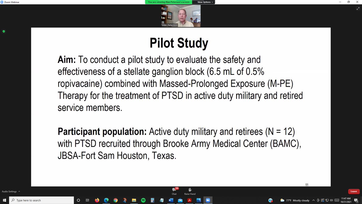 strongstar_ptsd's tweet photo. STRONG STAR Director Alan Peterson, PhD, ABPP, shared information on his successful pilot study evaluating a combination of Massed-Prolonged Exposure therapy with Stellate Ganglion Block today at #CombatPTSD2021 #PTSD https://t.co/TMz2BAYpJN