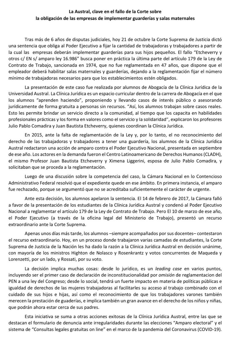 fernandomtoller's tweet photo. La Clínica Jurídica de Abogacía Austral ganó hoy en la Corte Suprema al PEN un caso en defensa de las trabajadoras p/ guardería en los trabajos. 6 años de litigio x estudiantes, c los profs Etcheverry y Comadira, para la inconstitucionalidad x omisión de reglamentación de la LCT https://t.co/4B0sJdsxdu