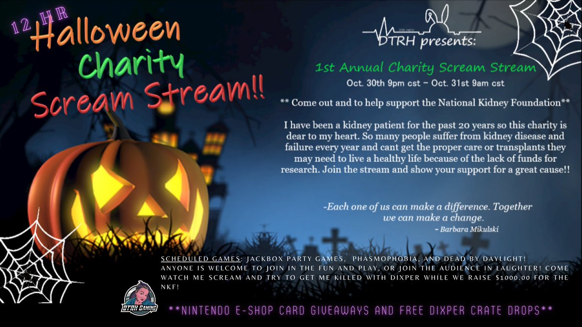 Jess_Rabbit1's tweet photo. Stream will begin @9pm cst on Oct 30th- 9am cst Oct 31st! The link to my channel is https://t.co/6uwXYddwMB.
There will be 3 nintendo e-shop card giveaways, and  free dixper crate drops to try and scare me and get me killed in game.
Come on out for a good time and some laughs! https://t.co/AMiw92ZmXz
