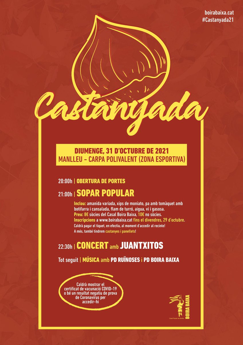 🌰 El proper diumenge 31 d'octubre, CASTANYADA POPULAR a #Manlleu!

👉🏽 A partir de les 8 del vespre a la carpa polivalent de la zona esportiva.

🍾 Sopar popular, concert amb Juantxitos, música amb PD Ruïnoses i Boira Baixa i bon ambient! 🎸 #AgendaPPCC