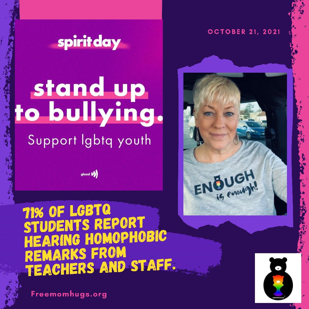 freemomhugs's tweet photo. How can you help? Be vocal! Get to know your child’s teachers, administration and counselors! Be your child’s voice when they feel they don’t have one. 
Join us as we stand up for LGBTQ+ youth! 
https://t.co/OQpMncGXBk

#spiritday
#stopbullying2021
#freemomhugs
#celebrate
#lgbtq https://t.co/WSBxplG5Tl