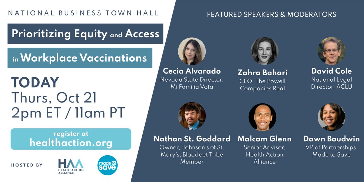 ItsMadeToSave's tweet photo. SOON: Join us and @healthaction at 2 PM ET for a conversation on COVID-19 vaccine access in the workplace. The town hall will feature a diverse group of leaders who’ll discuss how to prioritize vaccine equity in the workplace. See you there!

Register: https://t.co/CxCQjeignb https://t.co/ZQ8iWFLYwA